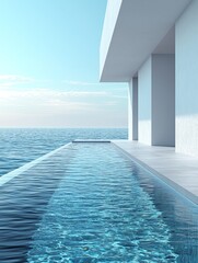 Fototapeta premium A serene modern infinity pool overlooking calm blue waters, reflecting a clear sky at a luxurious home.