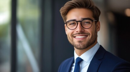 Fototapeta premium A confident handsome businessman wearing glasses smiling warmly in a professional office setting