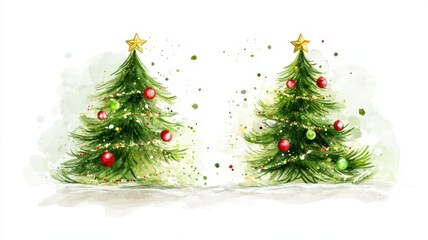 Fototapeta premium Collection of Christmas tree drawn with a brush on a white isolated background,greeting season and gift in christmas day,winter season,New Year decorations,fairy lights,copy space.