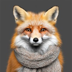 Fototapeta premium A charming orange fox wearing a cozy gray scarf, exuding a playful and whimsical vibe.