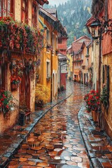 Fototapeta premium Charming European street scene during rain, featuring vibrant buildings and lush flower pots.
