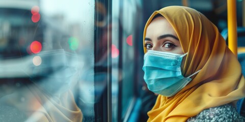 Female traveler wearing a mask on public transport, contemplating safety and healthcare during the pandemic
