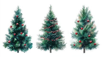 Fototapeta premium Collection of Christmas tree drawn with a brush on a white isolated background,greeting season and gift in christmas day,winter season,New Year decorations,fairy lights,copy space.