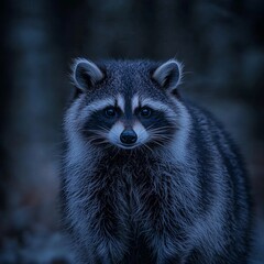 A close-up of a raccoon in a dark forest, showcasing its striking facial features and textured fur.