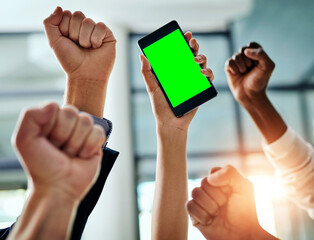 Hands of business people cheering and celebrate good news on a phone with chroma key, green screen for copy space. Excited team of office workers showing hand gesture for success, victory and winning