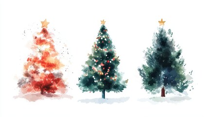 Obraz premium Collection of Christmas tree drawn with a brush on a white isolated background,greeting season and gift in christmas day,winter season,New Year decorations,fairy lights,copy space.