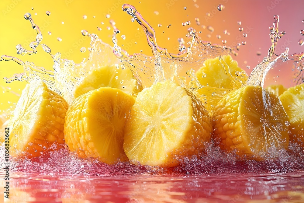Poster vibrant fresh pineapple slices splashing into water against a colorful background, creating dynamic 