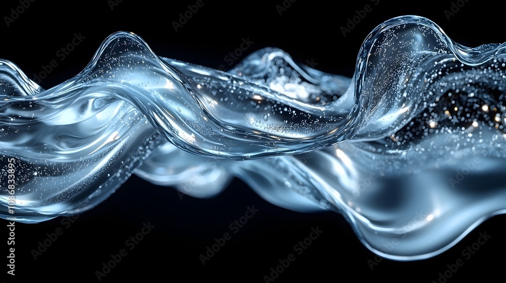 Poster A mesmerizing close-up of translucent water waves, showcasing bubbles and reflections against a dark background, creating a serene and dynamic feeling.