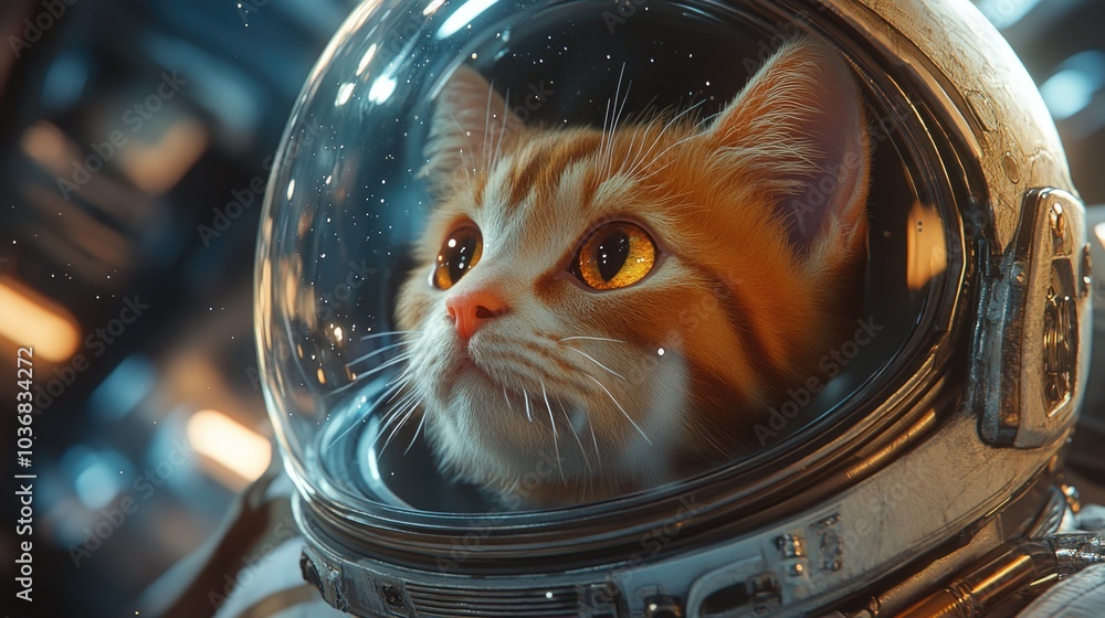 Wall mural close-up of a tabby kitten in an astronaut suit, floating through space with reflections of stars on