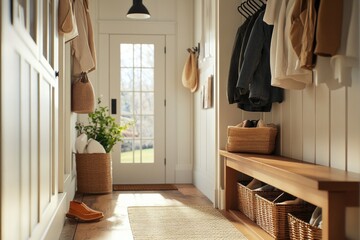 Coats and clothes hanging on a wall in a hallway, perfect for interior design or everyday life