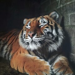 Fototapeta premium A majestic orange and black striped tiger rests peacefully, showcasing its tranquil demeanor and powerful physique.