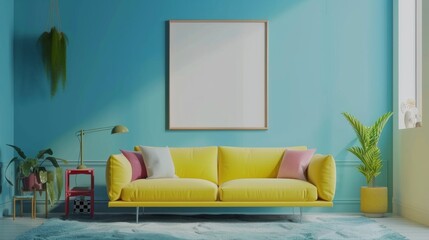 Interior desgin of modern living room interior with mock up poster frame, colorful decorations and accessories, plants, sofa, coffee table. Blue wall. Home decor 