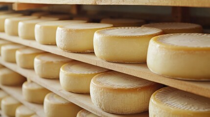 Cheesemaking: Hard Cheese Wheels Maturing in Cellar Storehouse