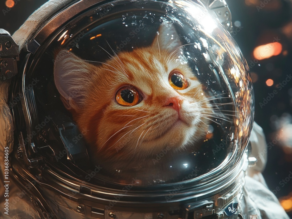 Wall mural a close-up of an orange tabby kitten in an astronaut helmet, floating in space with cosmic reflectio