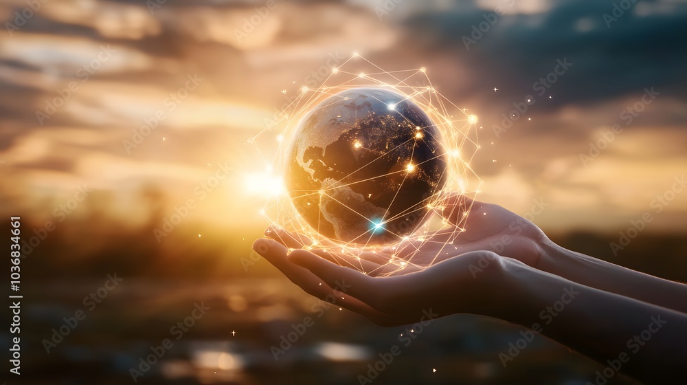 Aufkleber abstract science, hands touching earth and circle global network connection communication on sunset 