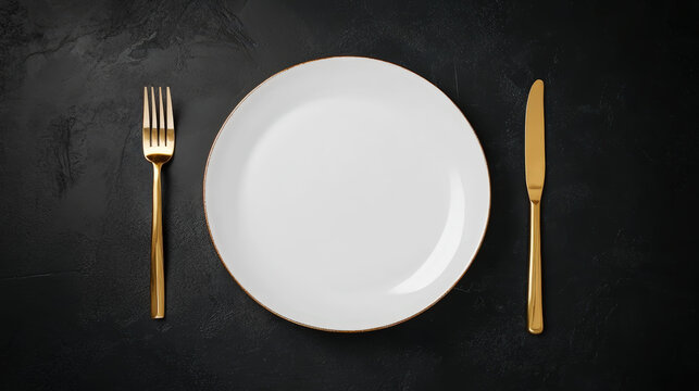 Minimalist served white plate with golden fork and knife, copy space, black background. Generative AI
