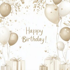 Simple and elegant minimalist design with balloons, soft leaves and tree branches in gold, white and neutral tones.
Neutral and soft beige background. Birthday greeting text.
For wallpaper,invitation.