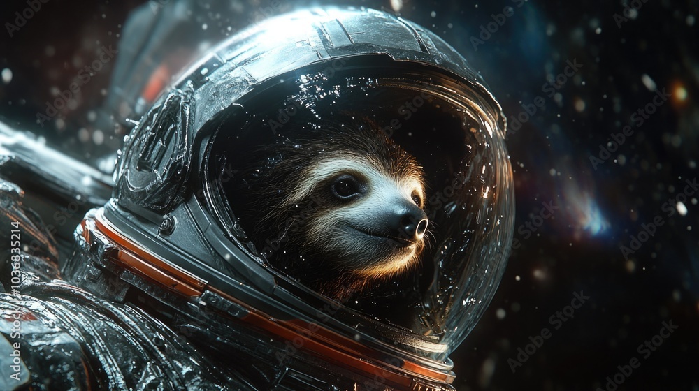 Wall mural close-up of a sloth in space, wearing an astronaut helmet. reflections of distant stars on the visor