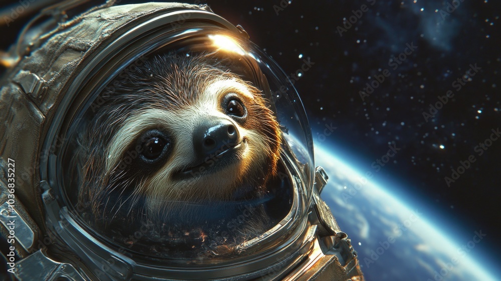Canvas Prints sloth in an astronaut helmet, calmly floating in space with reflections of earth and the starry univ