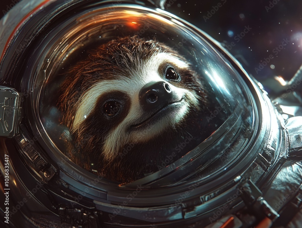 Canvas Prints calm sloth floating in space with an astronaut helmet, reflecting cosmic light and stars. a playful 