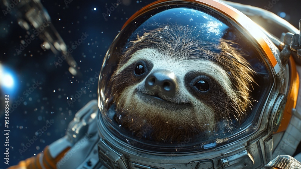 Wall mural close-up of an astronaut helmet in space with a sloth inside, blending calm animal expressions with 