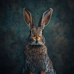 A close-up portrait of a brown hare with large ears and expressive eyes against a textured dark background.