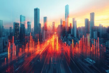 Vibrant city skyline with digital data visualization at sunset showcasing urban life and technology integration