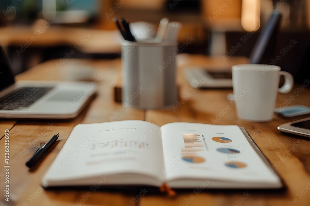 Poster open notebook with charts and graphs on a wooden table