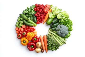 A colorful arrangement of fresh vegetables and fruits on a white background, perfect for healthy eating or cooking inspiration
