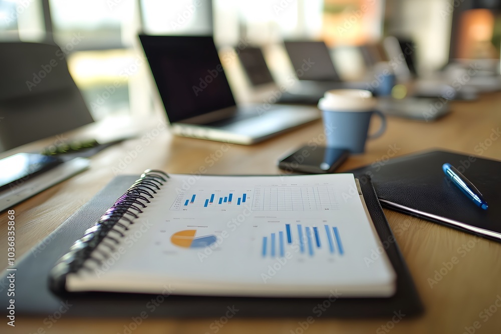Poster open notebook with charts and graphs on a wooden desk
