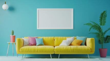 Interior desgin of modern living room interior with mock up poster frame, colorful decorations and accessories, plants, sofa, coffee table. Blue wall. Home decor 