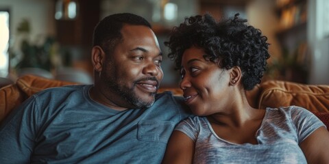 Fototapeta premium Connection and understanding between a couple sitting on a sofa, expressing love and support through communication and empathy