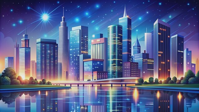 Vibrant  illustration of a bustling night cityscape featuring sleek skyscrapers, twinkling city lights, and a serene river flowing gently through the urban landscape.