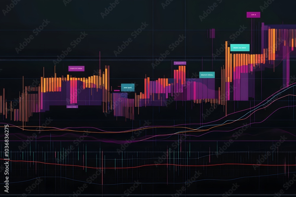 Poster abstract colorful financial data visualized with lines and bars on a black background