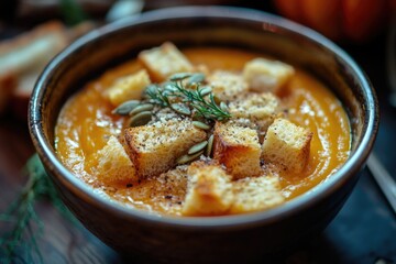 A warm bowl of soup with croutons and bread, perfect for comfort food