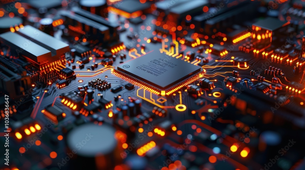 Poster advanced technology of motherboard components, including cpu chips and circuitry, for digital proces