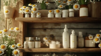 Fototapeta premium A wooden shelf filled with variously shaped bottles and colorful flowers