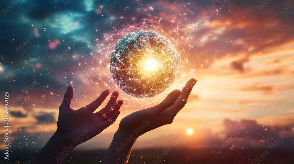 Aufkleber abstract science, hands touching earth and circle global network connection communication on sunset 