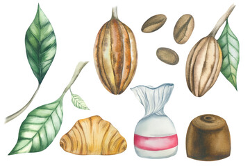 Watercolor hand drawn chocolate elements collection.cocoa beans and sweets with baked goods watercolor,croissant, chocolate truffle
