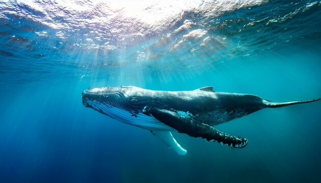 Blauwal gleitet durch das schimmernde, gr&uuml;ne Meer unter Wasser