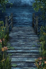 Fototapeta premium A serene wooden dock surrounded by lush greenery and vibrant flowers, leading into a calm, reflective lake.