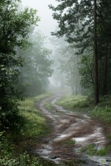 Fototapeta premium A serene forest path winding through lush greenery on a misty morning, evoking tranquility and exploration.