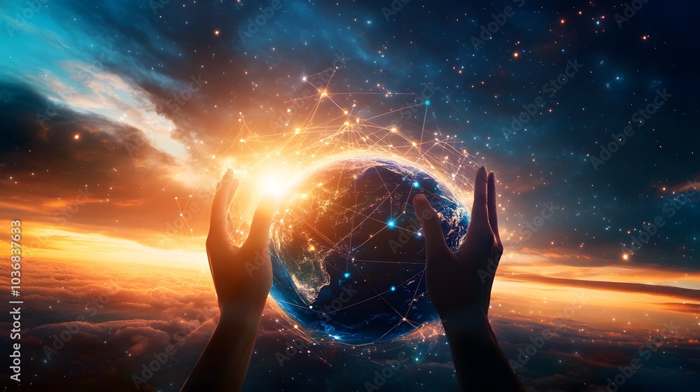 Aufkleber abstract science, hands touching earth and circle global network connection communication on sunset 