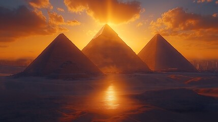 The Egyptian pyramids illuminated by the warm glow of sunset, with the deep blue horizon in the background