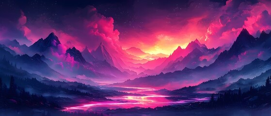 A breathtaking digital artwork showcasing a vibrant sunset over majestic mountains, bathed in hues of pink and purple, creating a tranquil atmosphere.