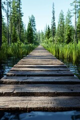Fototapeta premium Wooden pathway leading through lush greenery and tranquil waters in a serene, forested landscape.