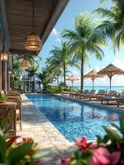 A serene tropical poolside retreat featuring palm trees and elegant loungers under a clear blue sky.