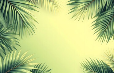 Retro frame made of palm leaves. Tropical background with gradient and space for text. Summer holiday, travel, vacation, party. Design for banner, poster or invitation.