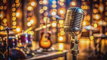 Vintage microphone sits proudly on a stand, surrounded by warm stage lights, against a soft focus backdrop of blurred guitars, drums, and other musical instruments.