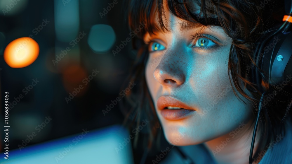 Poster woman working at a call center with a computer setup for providing online assistance. sales represen